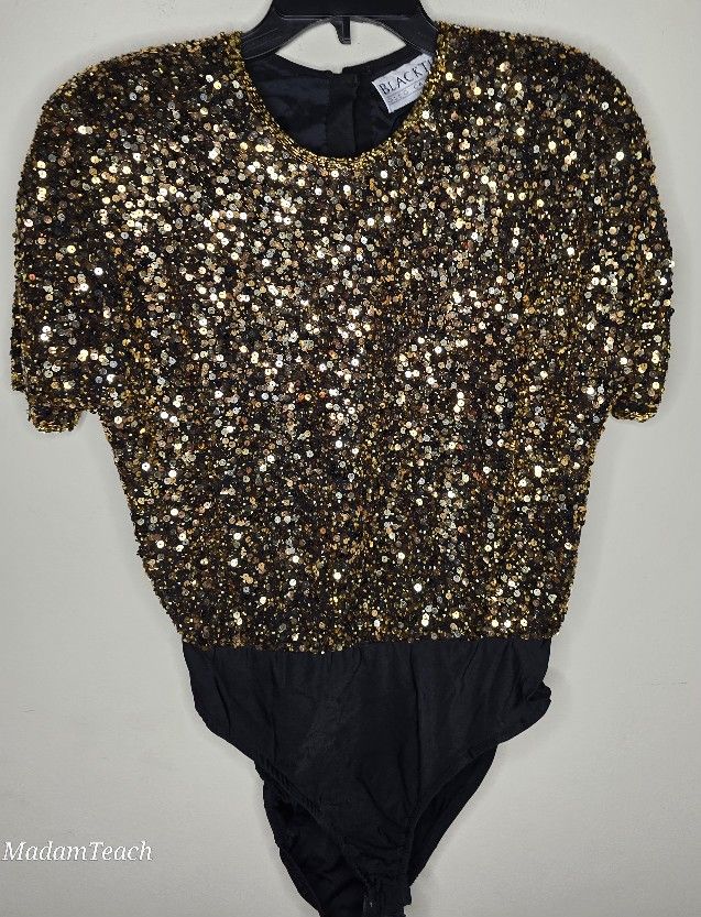 Oleg Cassini BlackTie Women's Vintage Gold Sequin Blouse Bodysuit