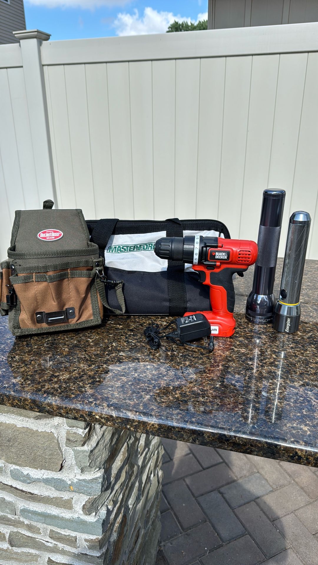 Black & Decker Cordless Drill, Charger, Flashlights and Master Force Tool Bag