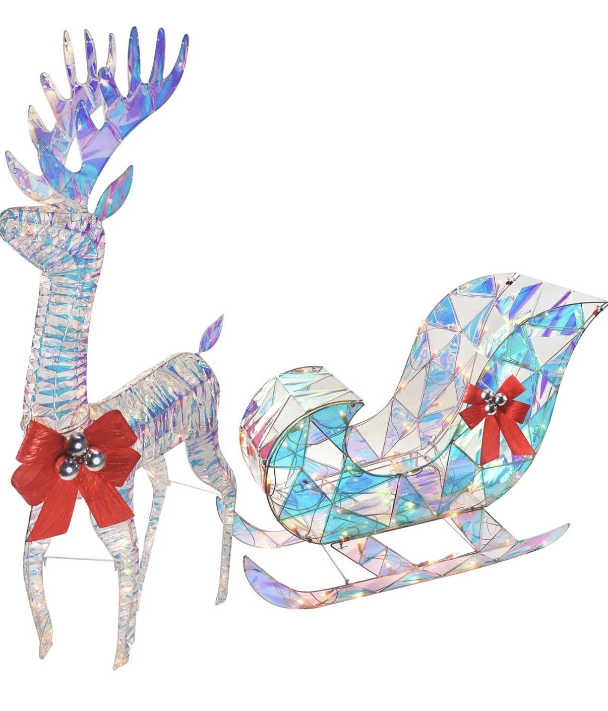 Iridescent Christmas Reindeer and Santa Sleigh Set, Lighted Christmas Yard Decoration, Perfect for Indoor or Outdoor Lawn Ornaments - 4ft w/ 140 Light