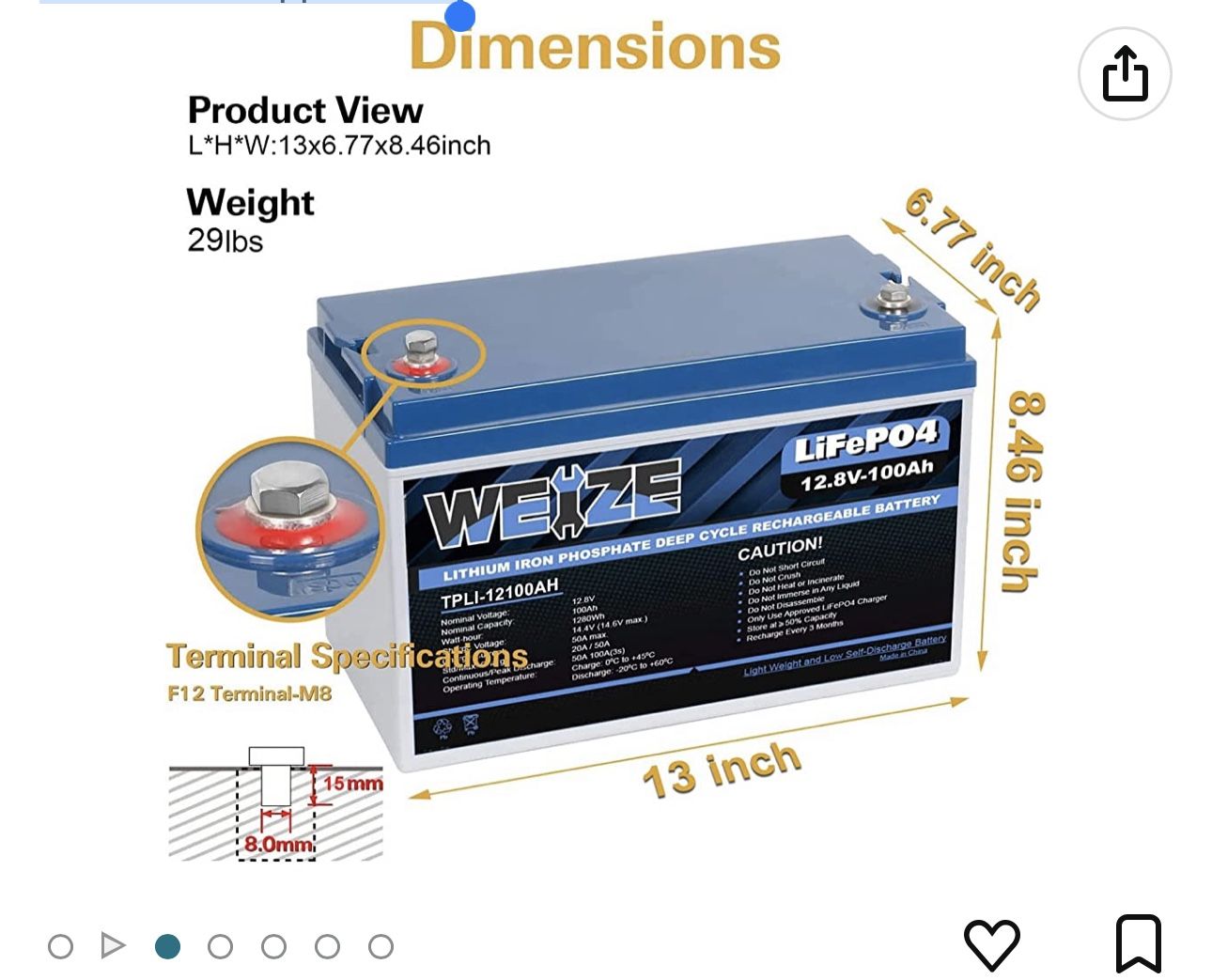 WEIZE 12V 100Ah LiFePO4 Lithium Battery, Up to 8000 Cycles, Built-in Smart BMS, Perfect for RV, Solar, Marine, Overland/Van, and Off Grid Applications