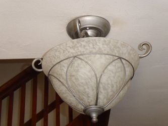 (2) Semi-Flush Ceiling Light, Mottled Glass Shade, Silver Scrollwork, Used Good