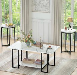 3 Pieces Living Room Table Set, Faux Marble Coffee Table with 2 Round End Side Tables, Coffee Table Set with Metal Frame for Apartment Home Office, Wh