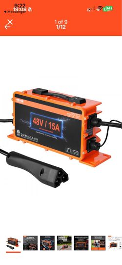 VEVOR 48V/15A Smart Battery Charger designed for golf https://offerup.com/redirect/?o=Y2FydHMuSXQ= features an orange housing and includes a specific 