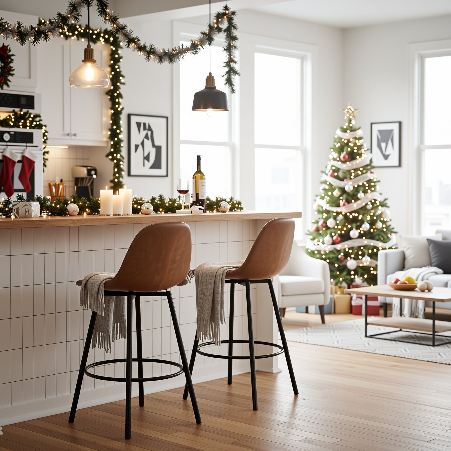 Char Set of 2 Modern Faux Leather Swivel Counter Stools Brown