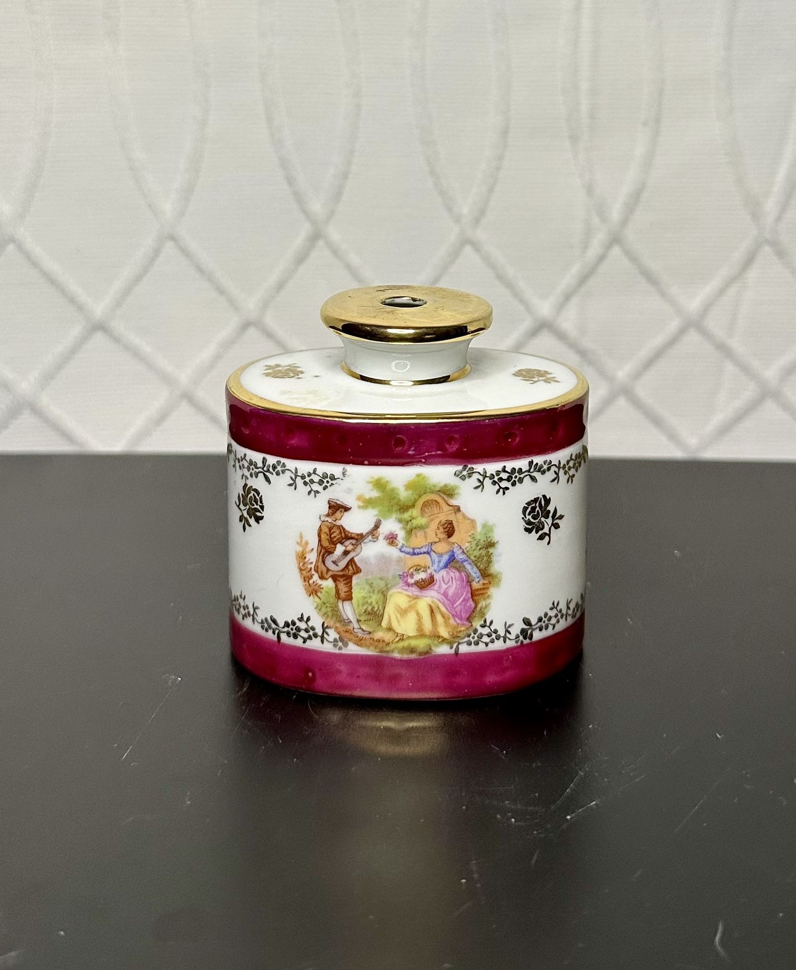 Vintage French Porcelain Perfume Bottle Porcelaine de France 8897 Rococo Lovers Scene Missing Atomizer