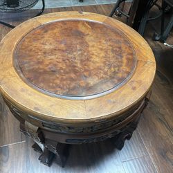 Chinese Antique Rosewood carved Burl Wood Top Tea Table w/4 Stools