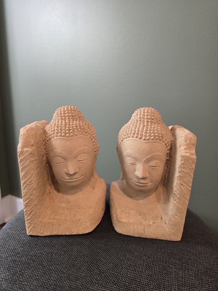 Pair of Buddha Heads Terracota Bookends