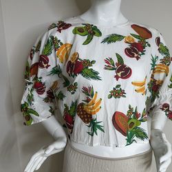 Zara Cotton Tropical Fruits Beaded Women’s Relaxed Blouse/ Top Size L / 12-14