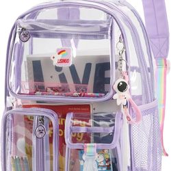 Brand New Clear Backpack Heavy Duty,Transparent Backpacks for School,Girls bookbag Stadium Approved,With Keychain((Purple)