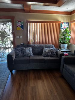 Dark Gray Fabric Sofa with Throw Pillows
