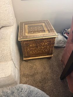 Carved Wood Storage Chest End Tables with Glass Top