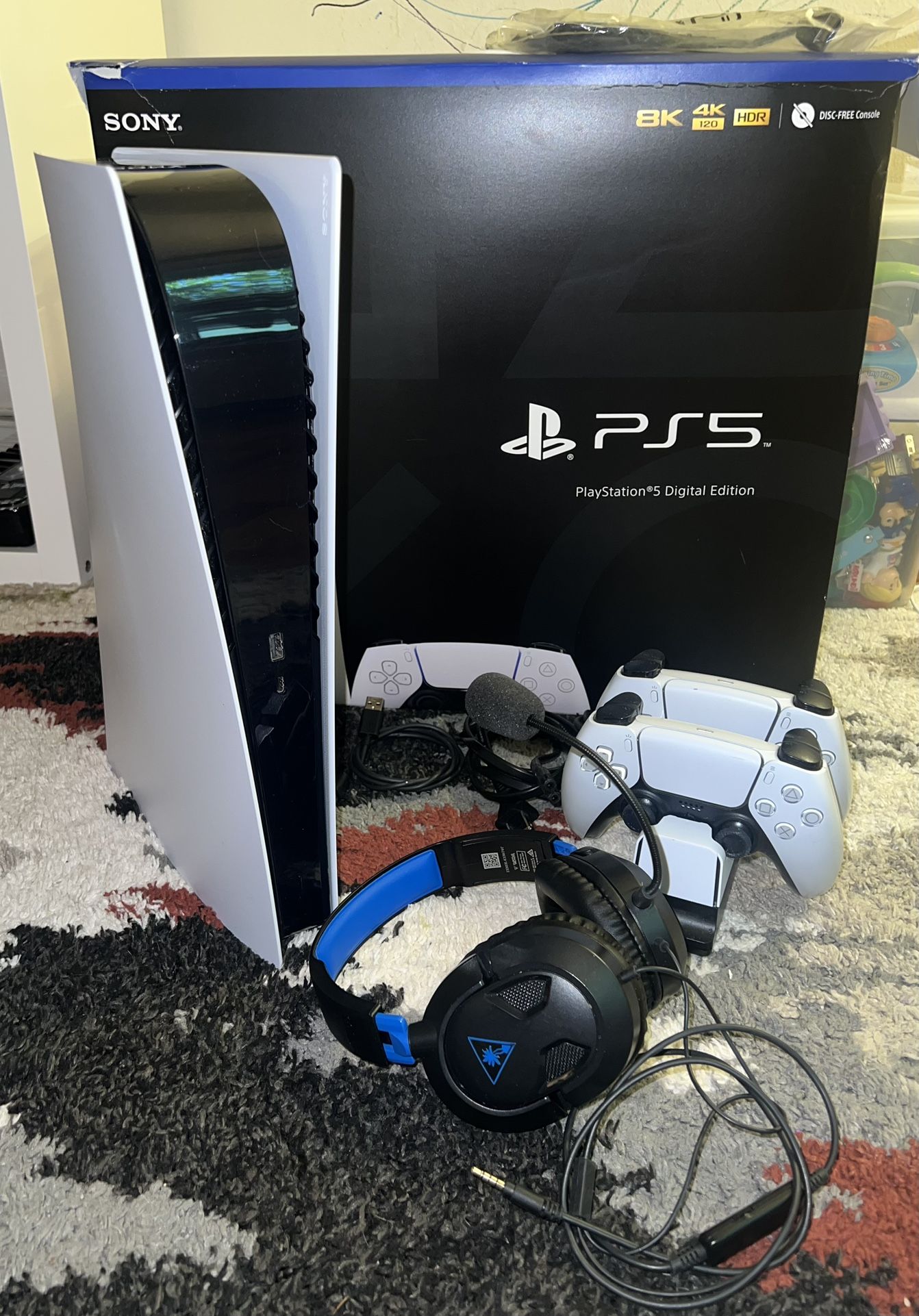 PS5 Digital Edition Bundle – 2 Controllers + Charging Dock + Turtle Beach Headset