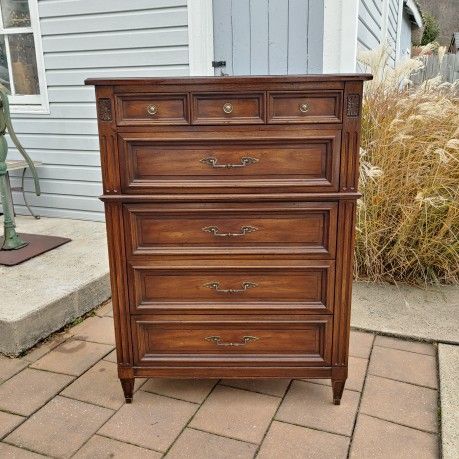 MCM Neoclassical Walnut Tall Dresser 5 Drawer