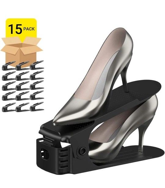 Shoe Slots Organizer for Closet 15 Pack 4-Levels Adjustable Shoe Stacker Double Deck Shoe Rack Organizer Holder 50% Space-Saving Storage Rack Holder B