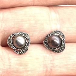 Sterling Marcasite Pearl Earrings 