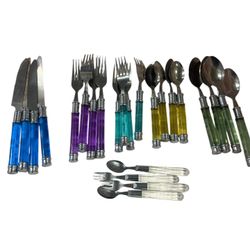 Vintage Lot Of 24 Pc Stainless Steel Flatware With Colorful Lucite