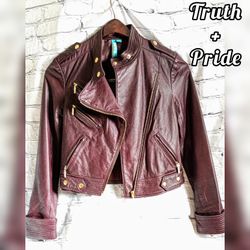Truth & Pride Burgandy Brown Biker Moto Leather Jacket. S.$690