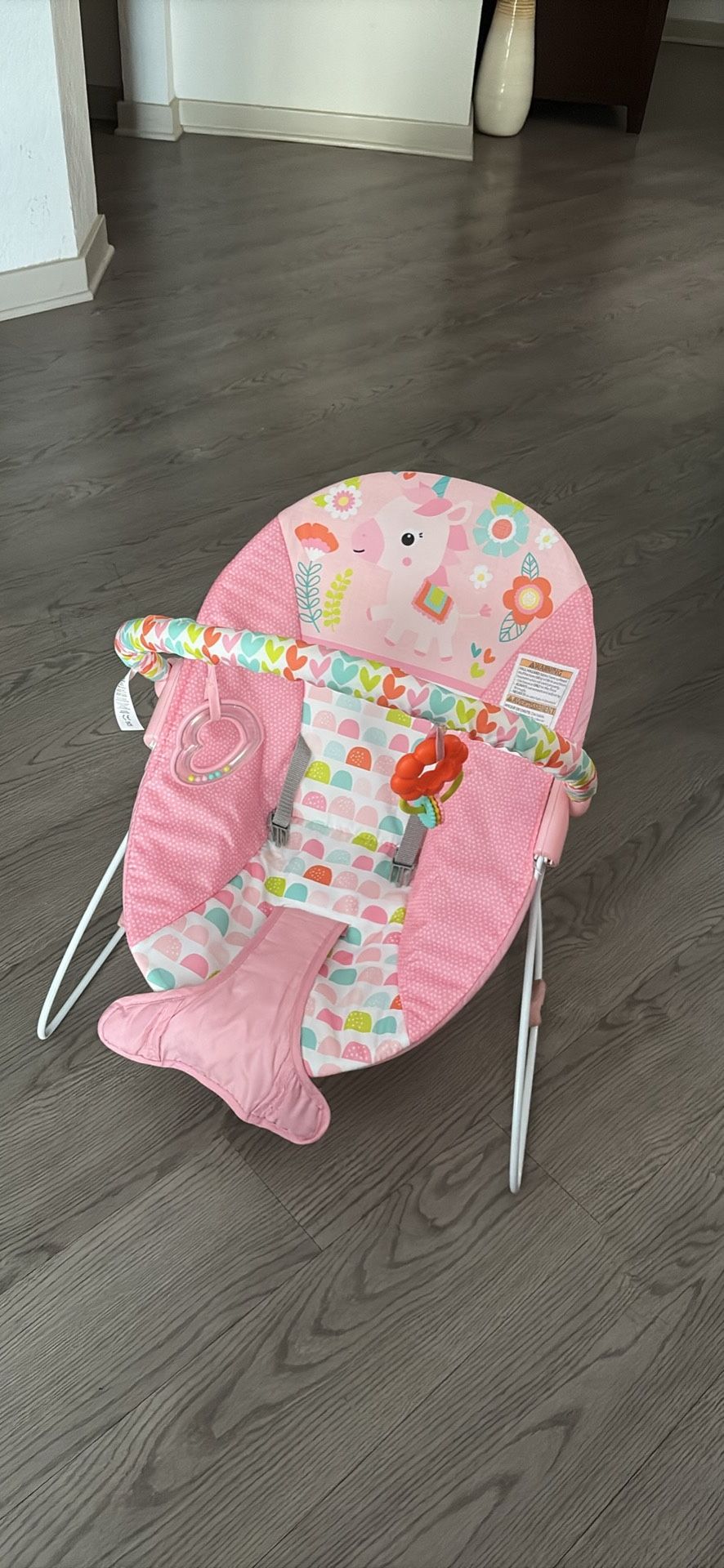 Bright Starts Vibrating Infant Baby Bouncer with Toys, Fantasy Unicorn