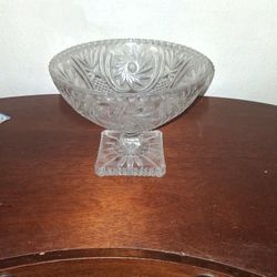 Vintage Bohemian  Czech Republic Crystal Hobstar Pattern Footed Compote Centerpiece Bowl