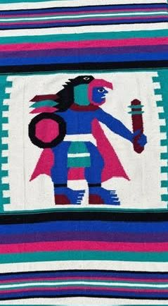 Vintage Mexican Aztec Warrior Saltillo Wool Tapestry