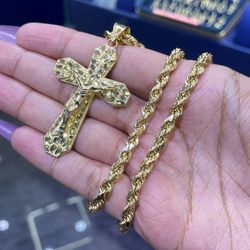 Gold Nugget Cross Chain W Gold Rope Chain 4mm 24"