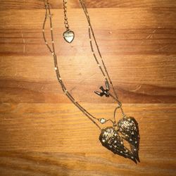 Vintage Betsey Johnson Fly With Me Gold Angel Wing Crystal Heart Dove Necklace