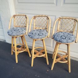 Vintage MCM Mid Century Modern Rattan Bent Wood Tiki Bar Stools Set 3