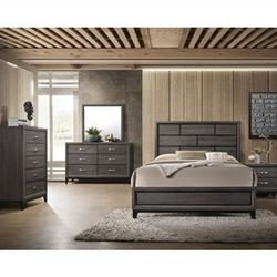 Brand New Gray King Or CA King Bedframe + Dresser + Mirror + Nightstand 4PCs Set