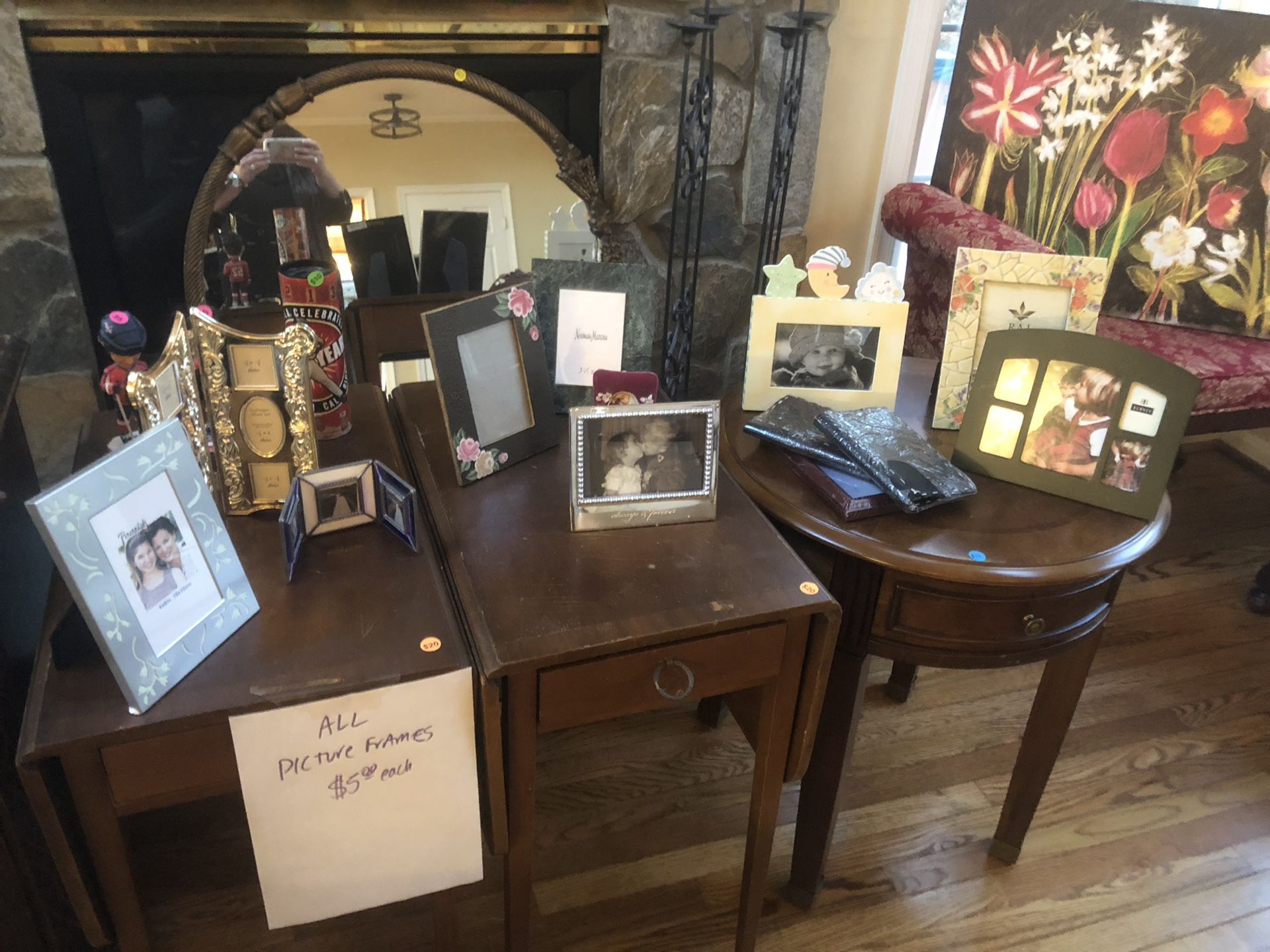 2 antique vintage end tables and assorted frames- must pick up today!