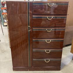 80s Shiny Laminate Black & Gold Handle 6 Drawer Armoire