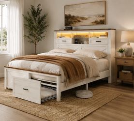 Queen Farmhouse Bed Frame with Storage Drawers & LED Lights