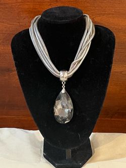 Silver Tone 5 Strand & Rhinestone Pendant Necklace