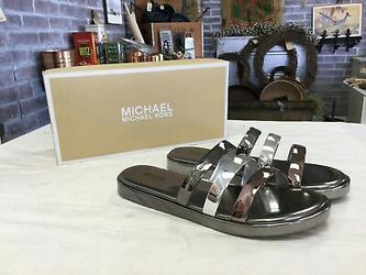Michael Kors Keiko Triple-Band Slide Sandals Gun Metal Metallic Silver 8M - Flats