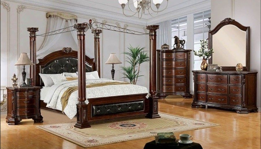 Brand New Upscale Brown Cherry 4pc Queen Bedroom Set
