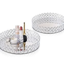 KEHAIL 2 Pcs Silver 10" Round Metal Mirror Crystal Tray – Vanity Tray For Makeup, Perfume, Jewelry & Dessert Display, Elegant Decorative Serveware, Ch