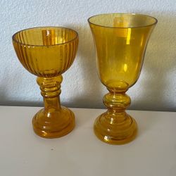 Two New Yellow Glass Candle Or Plant Holders