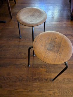 Pair of Mid-Century Wood and Metal Stools