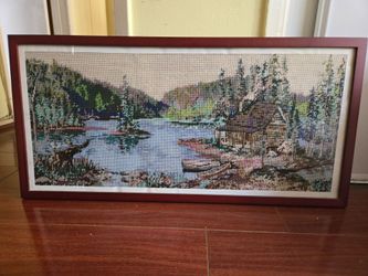 Lake Cabin Cross Stitch Framed in Glass