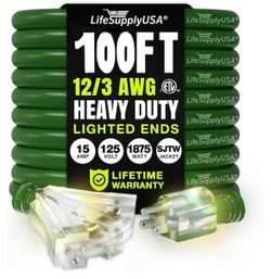 100ft Outdoor/Indoor Waterproof Flexible Extension Cord, 15A 125V 1875W - Green