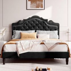 Queen Size Bed Frame with Adjustable Velvet Tiara Headboard, Upholstered Diamond Button Tufted Platform Bed, Wood Slats Support, No Box Spring Needed,