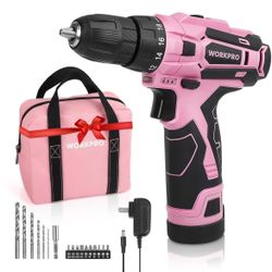 WORKPRO Pink Cordless Drill Driver Set, 12V Electric Screwdriver Driver Tool Kit, 3/8" Keyless Chuck, Charger and Storage Bag Included, Christmas Gift