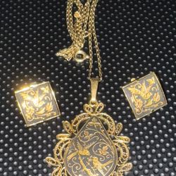 Earrings Necklace and Chain Spanish Damascene Pendant Set Spanish Jewelry