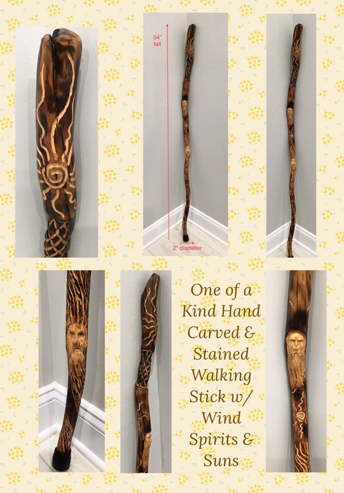 One of a Kind Hand Carved & Stained Walking Stick w/ Wind Spirits & Suns
