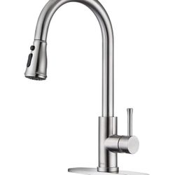 Kitchen Sink Faucet Brushed Nickel with Pull Down Sprayer Stainless Steel Single Handle Modern Kitchen Faucet with Deck Plate for Single Hole & 3 Hole