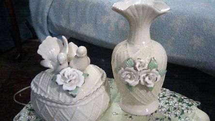 Vintage Porcelain Vase & Matching Candy Dish