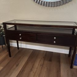 Elegant Glass-Top Console Table – Modern Espresso Finish with Drawers