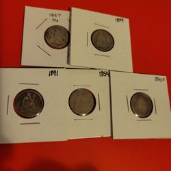 5 Antique Seated Liberty Silver Dime 10C Coins