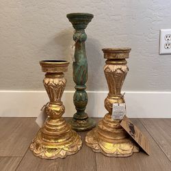 BRAND NEW- 20”, 15” 13” DownEast Ornate Wood Carved Pillar Candle Set