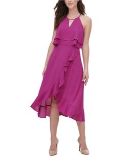 Magenta Ruffle Midi Dress with Gold Hardware