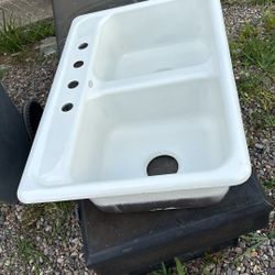 Cast Iron Kohler Drop In  Double Bowl White Enamel Kitchen Sink